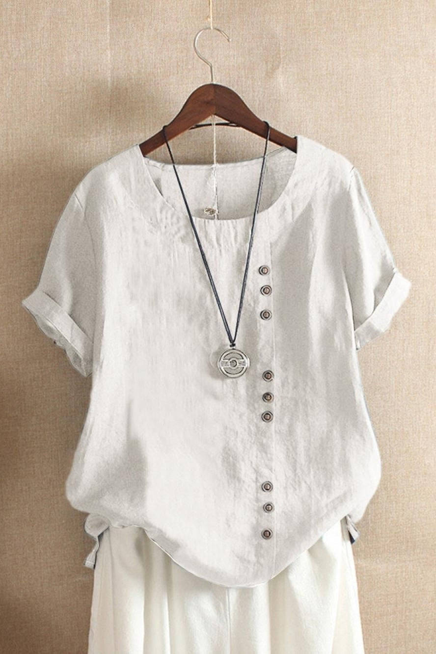 Women’s Blouse – Relaxed Fit – Natural Fibers – Round Neck – Short Sleeve – Button Detail