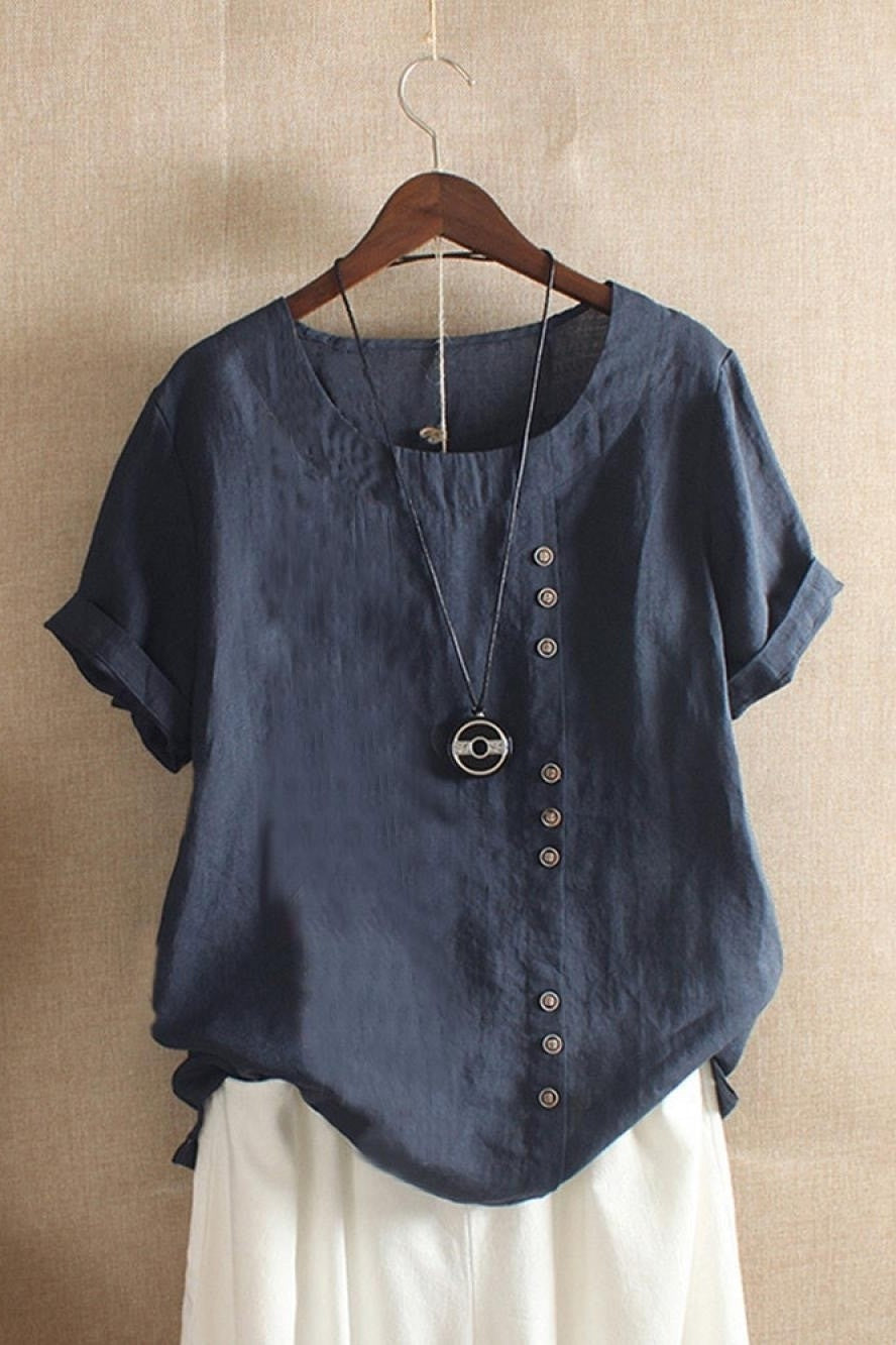 Women’s Blouse – Relaxed Fit – Natural Fibers – Round Neck – Short Sleeve – Button Detail
