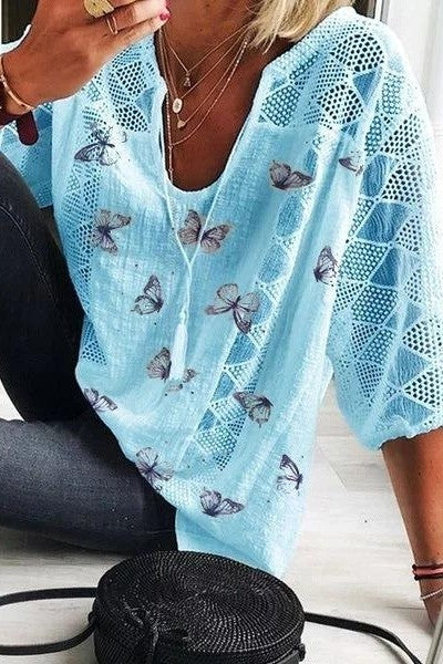 Women’s Blouse – Relaxed Fit – Cotton Blend – V-Neck – 3/4 Sleeve – Lace Trim – Butterfly Print
