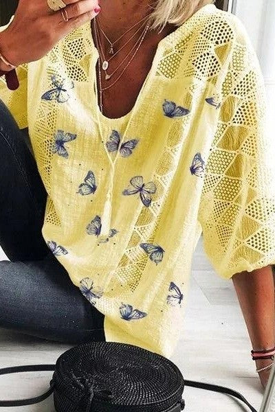Women’s Blouse – Relaxed Fit – Cotton Blend – V-Neck – 3/4 Sleeve – Lace Trim – Butterfly Print