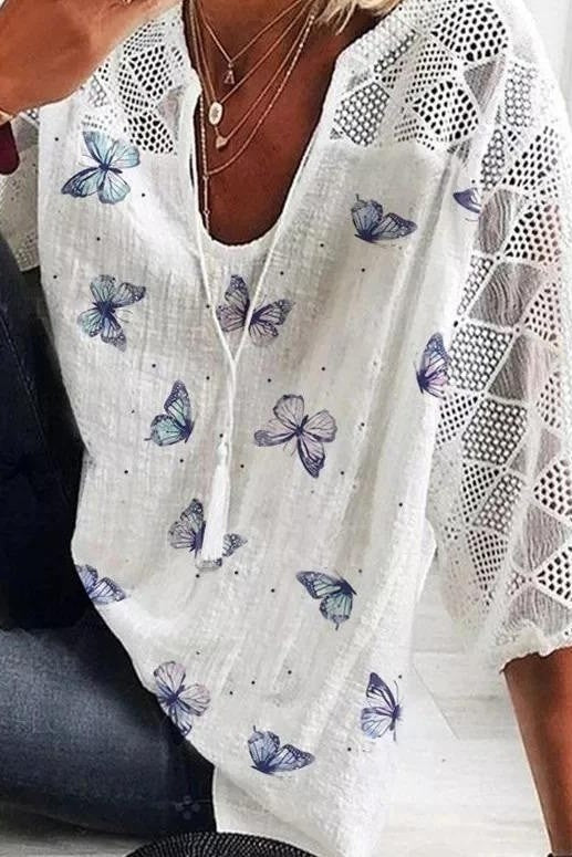 Women’s Blouse – Relaxed Fit – Cotton Blend – V-Neck – 3/4 Sleeve – Lace Trim – Butterfly Print