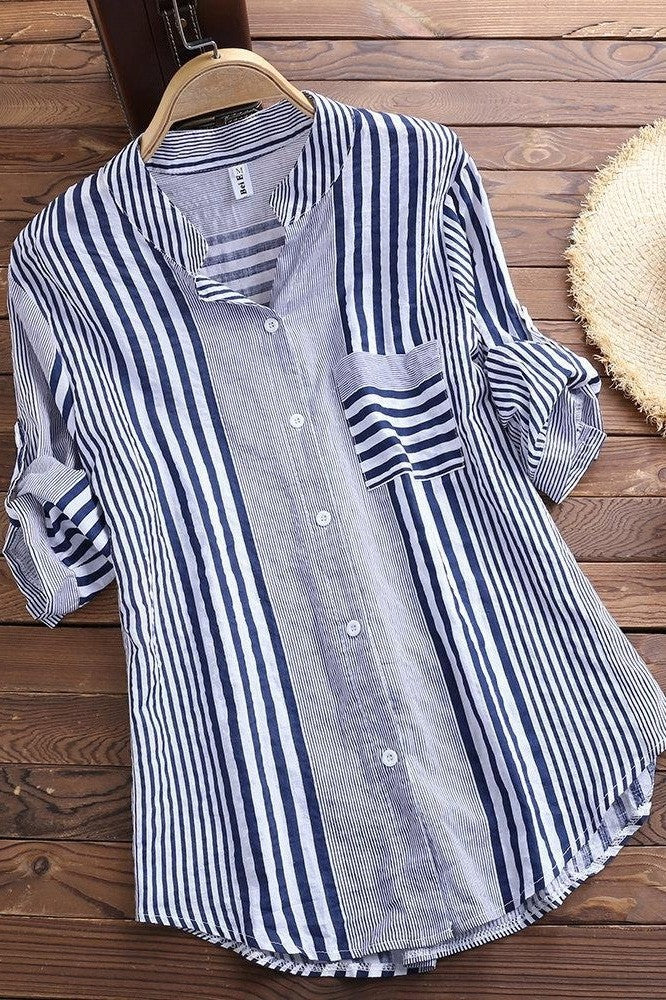 Women’s Blouse – Relaxed Fit – Stand Collar – 3/4 Sleeve – Striped Cotton Button-Up