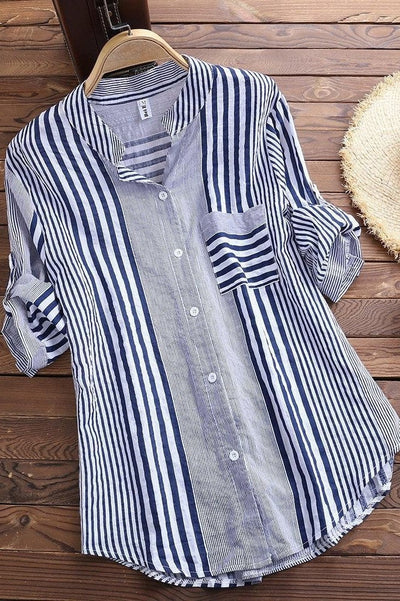 Women’s Blouse – Relaxed Fit – Stand Collar – 3/4 Sleeve – Striped Cotton Button-Up