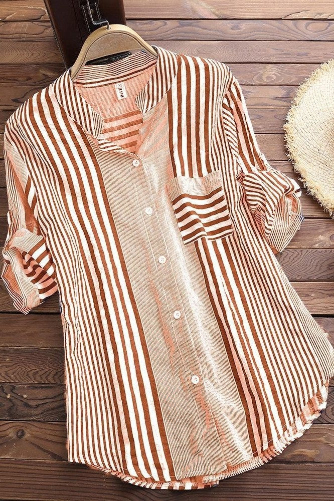Women’s Blouse – Relaxed Fit – Stand Collar – 3/4 Sleeve – Striped Cotton Button-Up