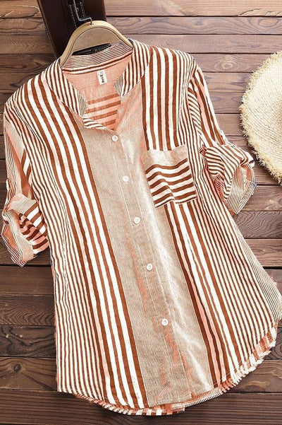 Women’s Blouse – Relaxed Fit – Stand Collar – 3/4 Sleeve – Striped Cotton Button-Up