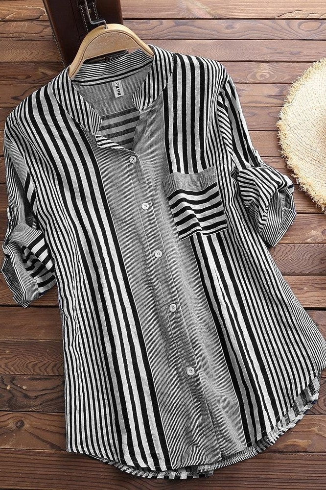 Women’s Blouse – Relaxed Fit – Stand Collar – 3/4 Sleeve – Striped Cotton Button-Up