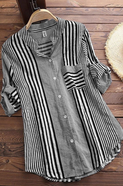 Women’s Blouse – Relaxed Fit – Stand Collar – 3/4 Sleeve – Striped Cotton Button-Up