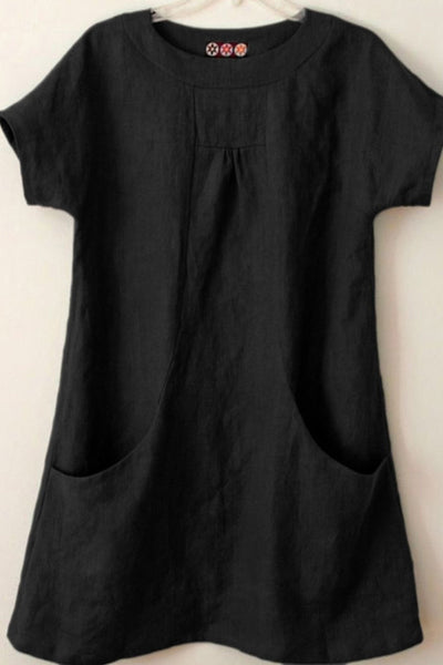 Women’s Blouse – Relaxed Fit – Short Sleeve – Natural Fibers – Front Pockets – Pleated Neckline