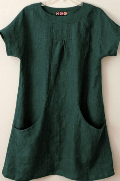 Women’s Blouse – Relaxed Fit – Short Sleeve – Natural Fibers – Front Pockets – Pleated Neckline