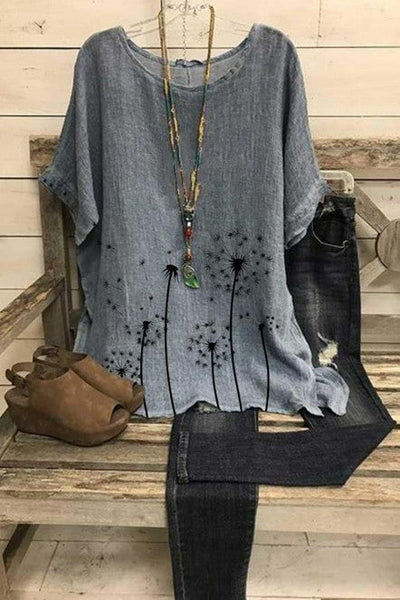 Women’s Blouse – Relaxed Fit – Lightweight Cotton – Round Neck – Half Sleeve – Tunic Length – Dandelion Print