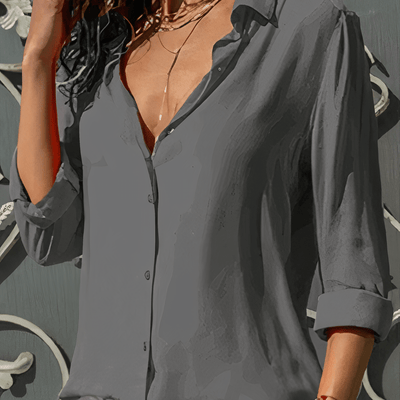 Women’s Chiffon Blouse – Relaxed Fit – Button-Up Front – 3/4 Sleeve – Pointed Collar