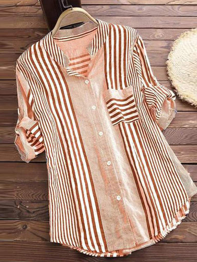 Women’s Blouse – Relaxed Fit – Striped Button Front – Long Sleeve – Breathable Blend
