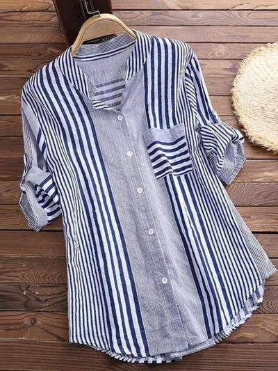 Women’s Blouse – Relaxed Fit – Striped Button Front – Long Sleeve – Breathable Blend