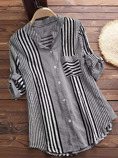 Women’s Blouse – Relaxed Fit – Striped Button Front – Long Sleeve – Breathable Blend