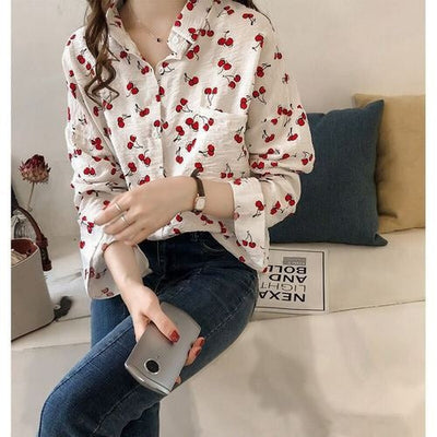Women's Blouse - V-Neckline - Long Sleeve Lightweight Casual Wear - Cherry Print