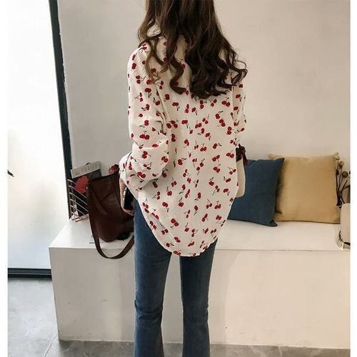 Women's Blouse - V-Neckline - Long Sleeve Lightweight Casual Wear - Cherry Print