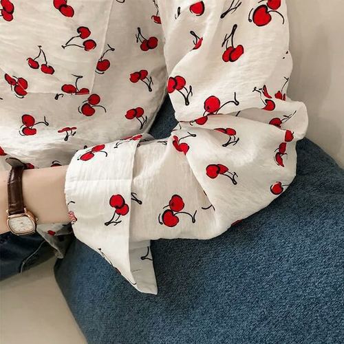 Women's Blouse - V-Neckline - Long Sleeve Lightweight Casual Wear - Cherry Print