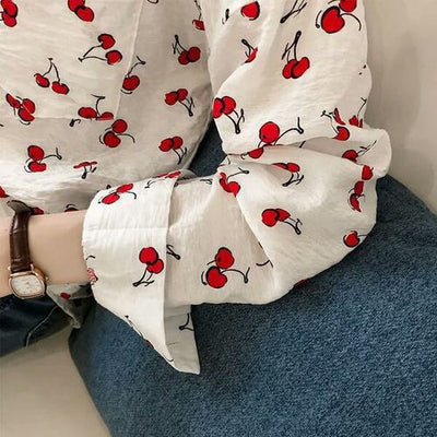 Women's Blouse - V-Neckline - Long Sleeve Lightweight Casual Wear - Cherry Print