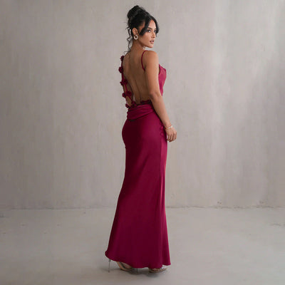 Women's Evening Prom Gown Dress - Satin Floor-Length - Backless Floral Appliqué - Form-Fitting