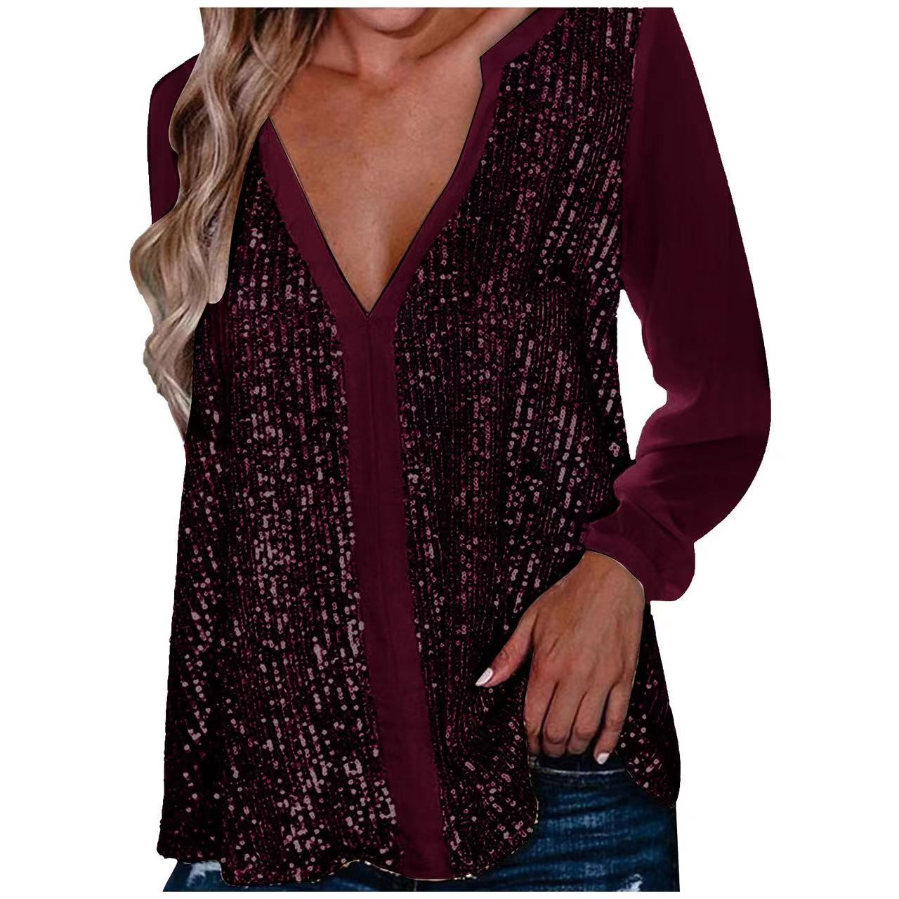 Long Sleeve Sequin V-Neck Blouse
