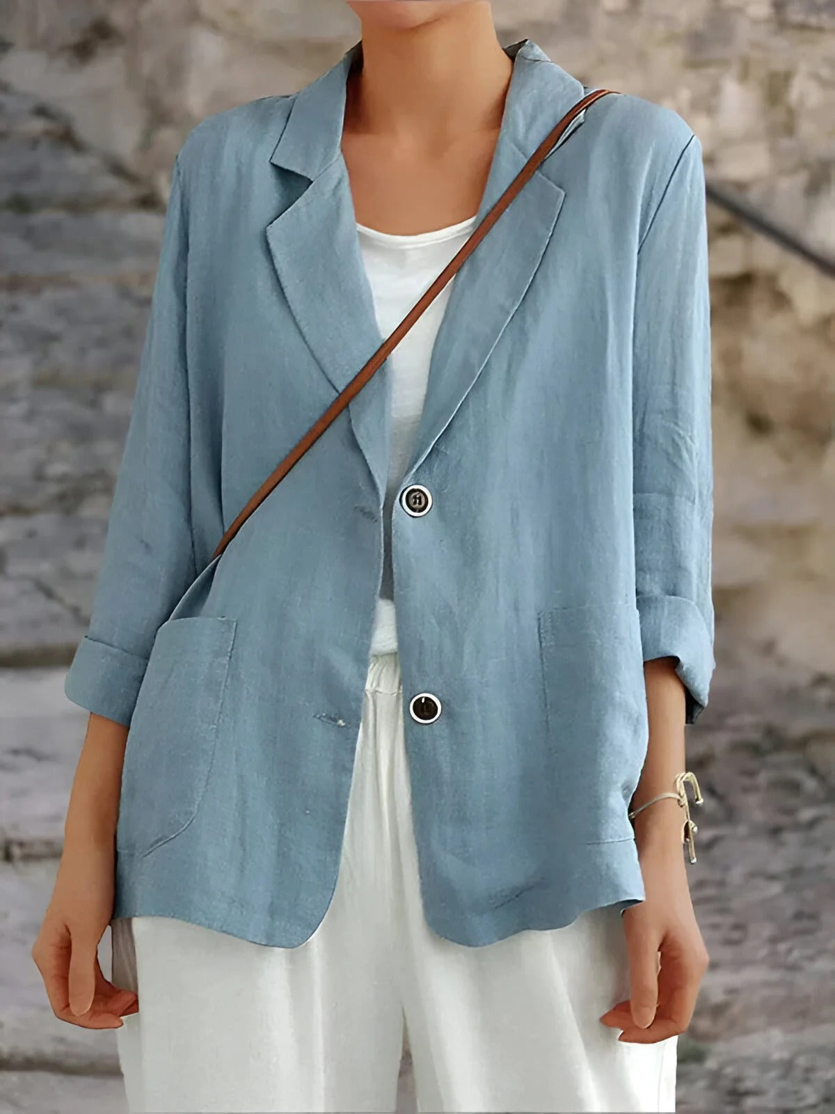 Women’s Blazer – Relaxed Fit – Natural Fibers – 3/4 Sleeve – Patch Pockets – Mid Length