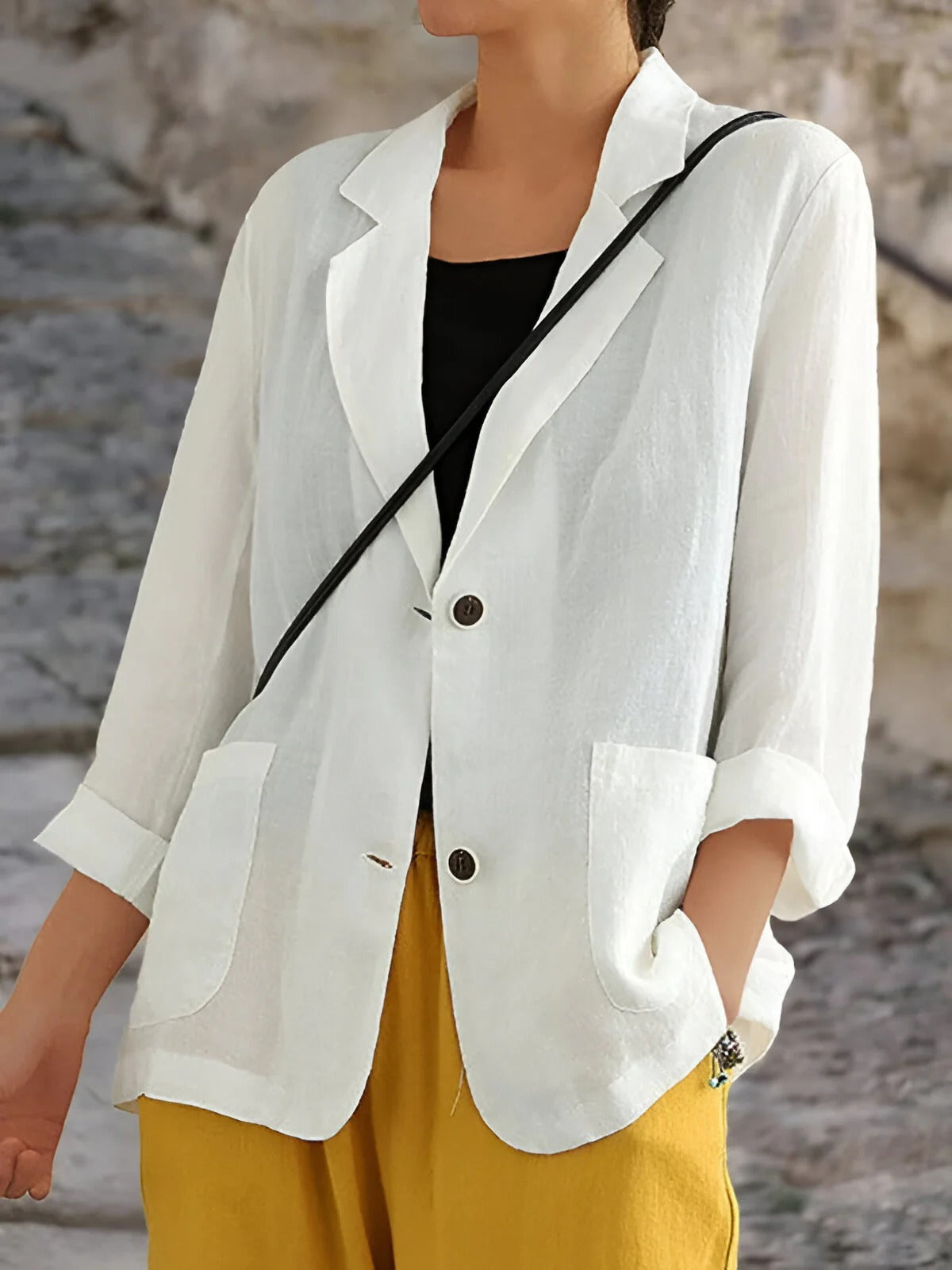 Women’s Blazer – Relaxed Fit – Natural Fibers – 3/4 Sleeve – Patch Pockets – Mid Length