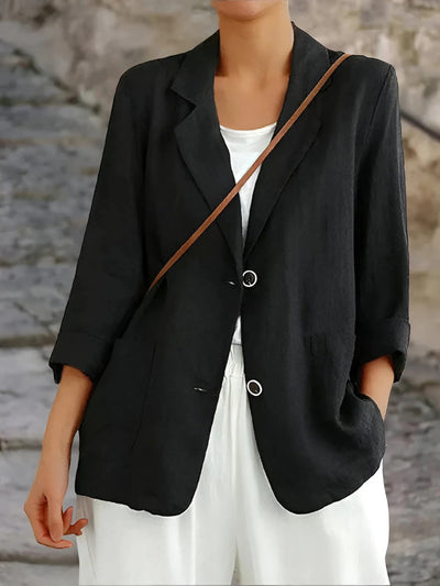 Women’s Blazer – Relaxed Fit – Natural Fibers – 3/4 Sleeve – Patch Pockets – Mid Length