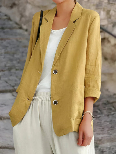 Women’s Blazer – Relaxed Fit – Natural Fibers – 3/4 Sleeve – Patch Pockets – Mid Length