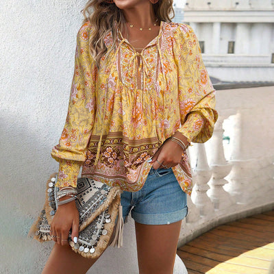 Women's Bohemian Blouse - Long Sleeve - V-Neck with Tie - Flowy Relaxed Fit